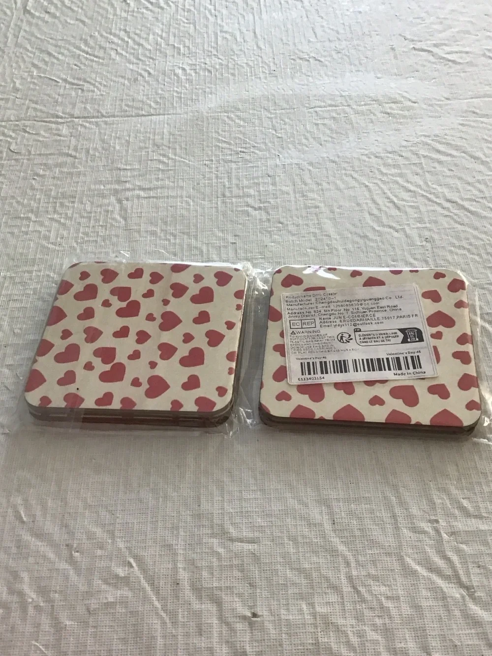 Heart Pattern Square Coasters -Red Hearts on Cream (Set of 2). ##